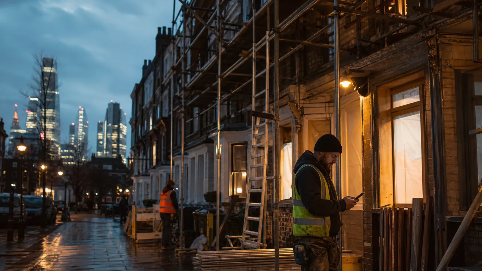 Wide dusk shot of a Victorian terrace under renovation in London with scaffolding, a contractor checking a phone in the