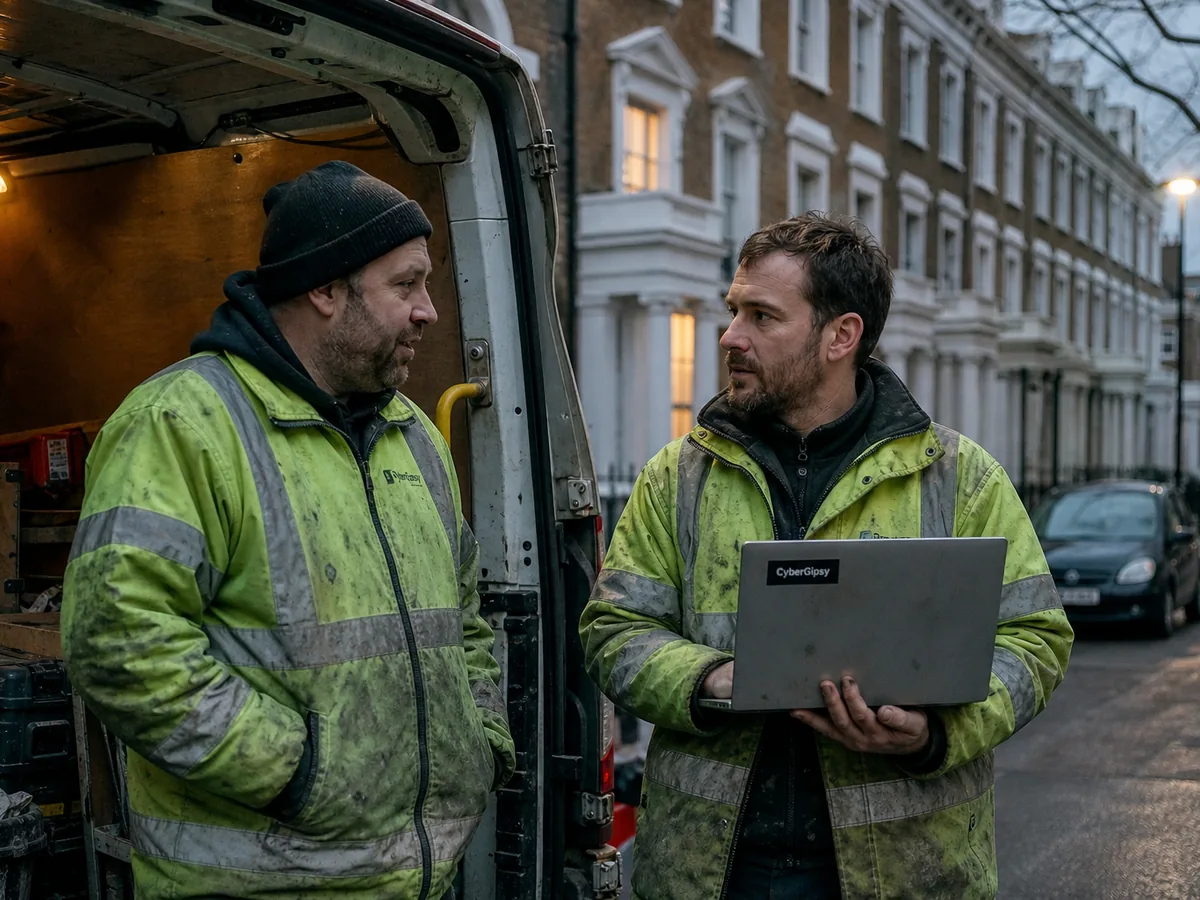 Two London builders in hi-vis talking beside a van on a residential street, genuine conversation, overcast daylight