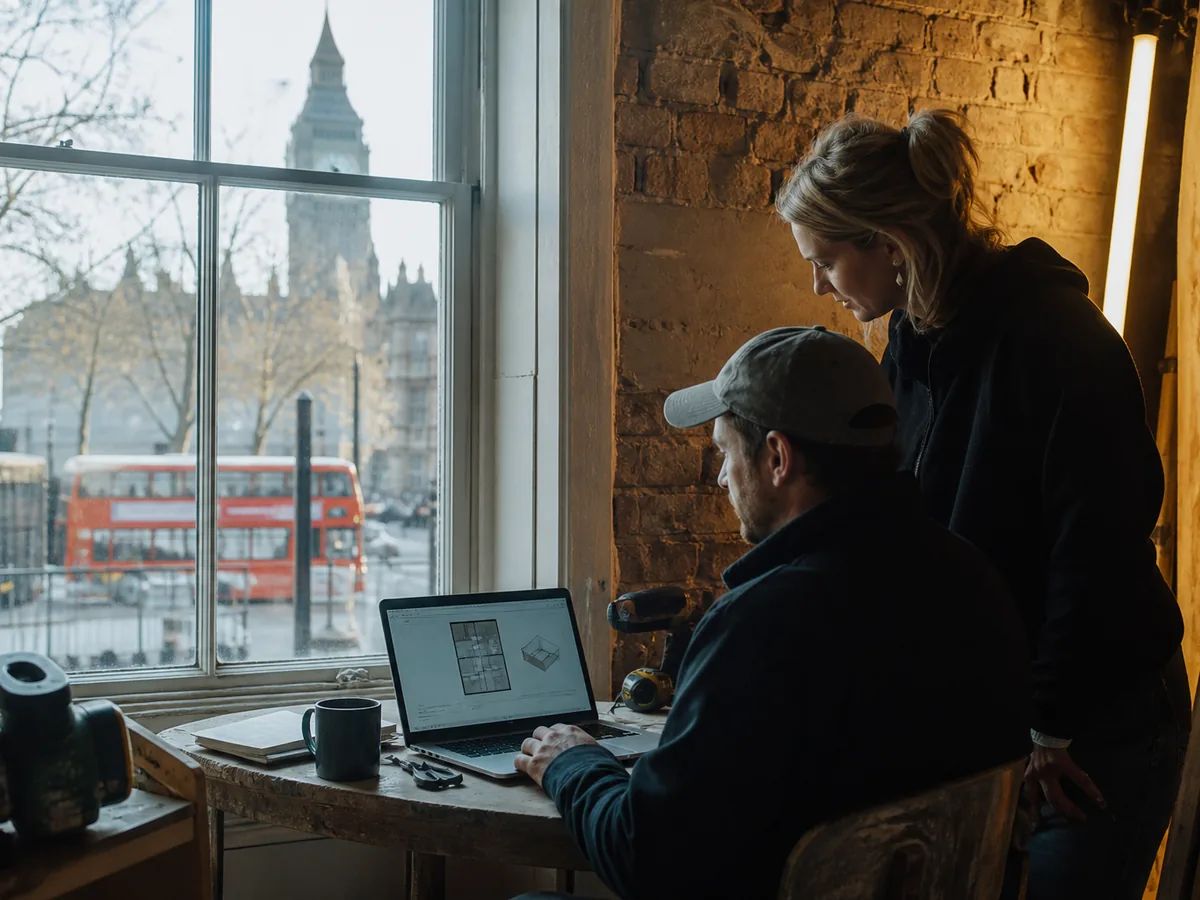 Laptop on a dusty site table in a London flat showing a quote being generated, sash window and brick wall behind