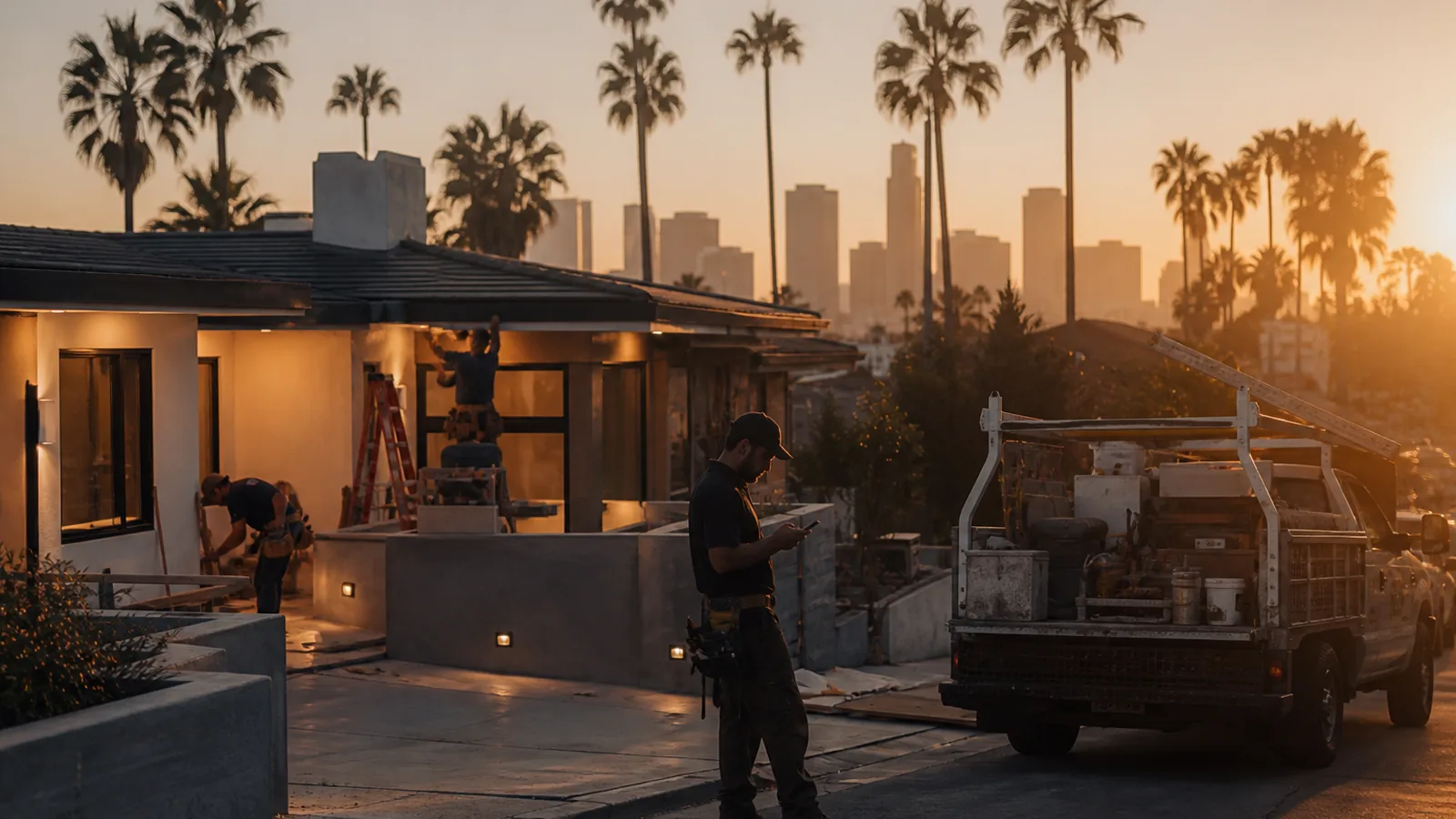 Los Angeles residential remodel at golden hour with palm trees and a work truck, contractor checking a phone, hazy warm