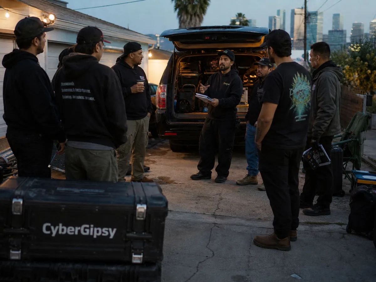 Bilingual crew briefing in a driveway before starting work, morning light, natural interaction