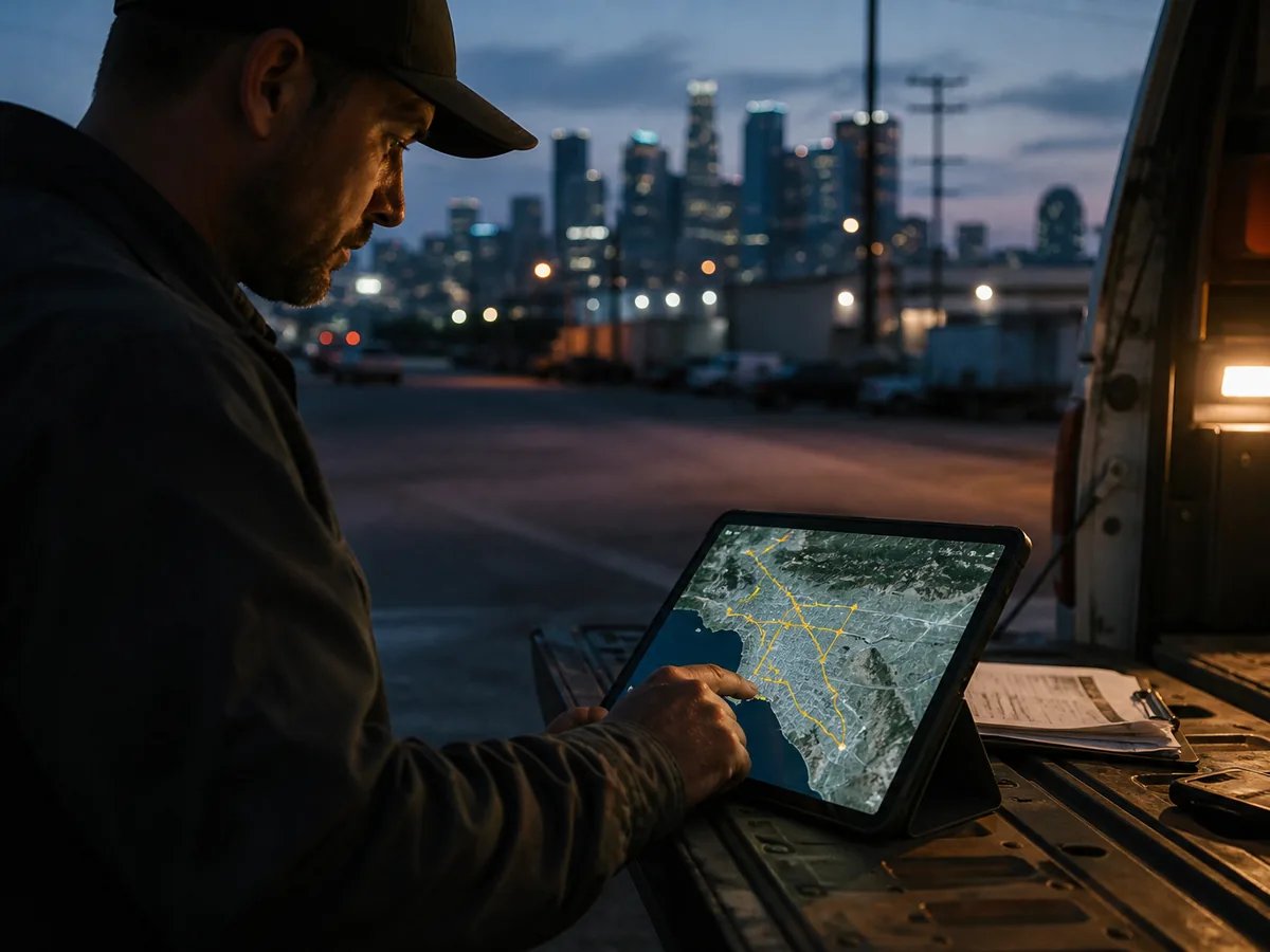 Tablet on a truck tailgate showing an optimised route map across the LA basin