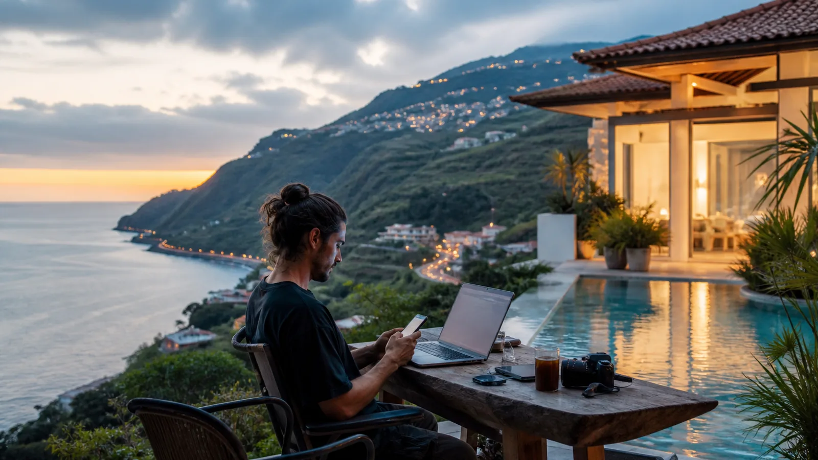 Madeira coastal villa at golden hour with terraced hillsides behind, a worker checking a phone by a pool, warm Atlantic