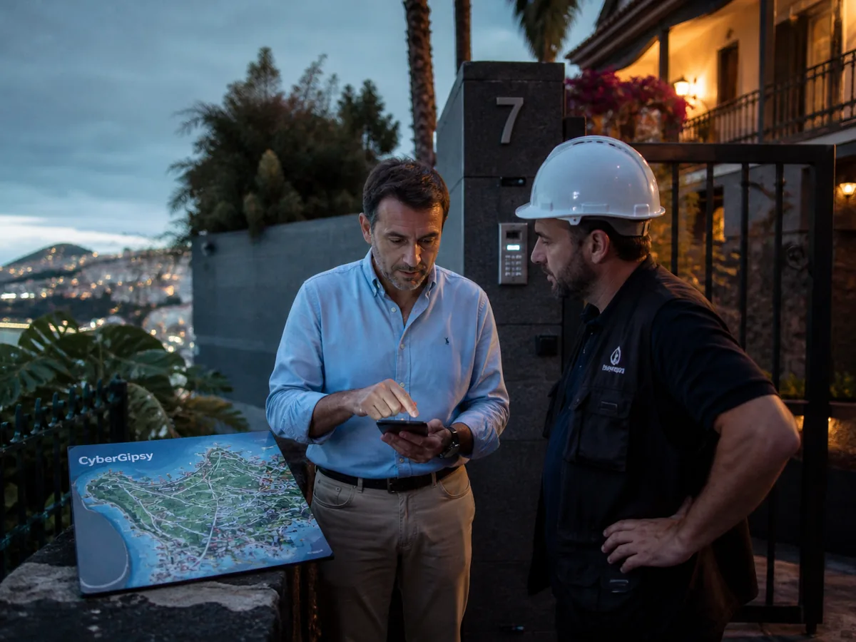 Property manager and a local contractor talking beside a villa gate, daylight