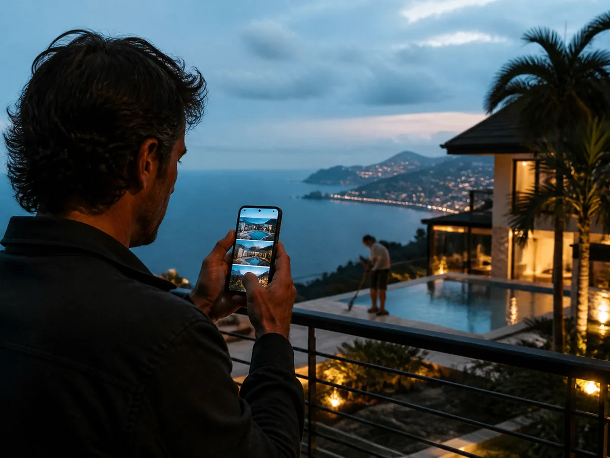 Phone showing a photo progress report of villa maintenance, ocean visible behind