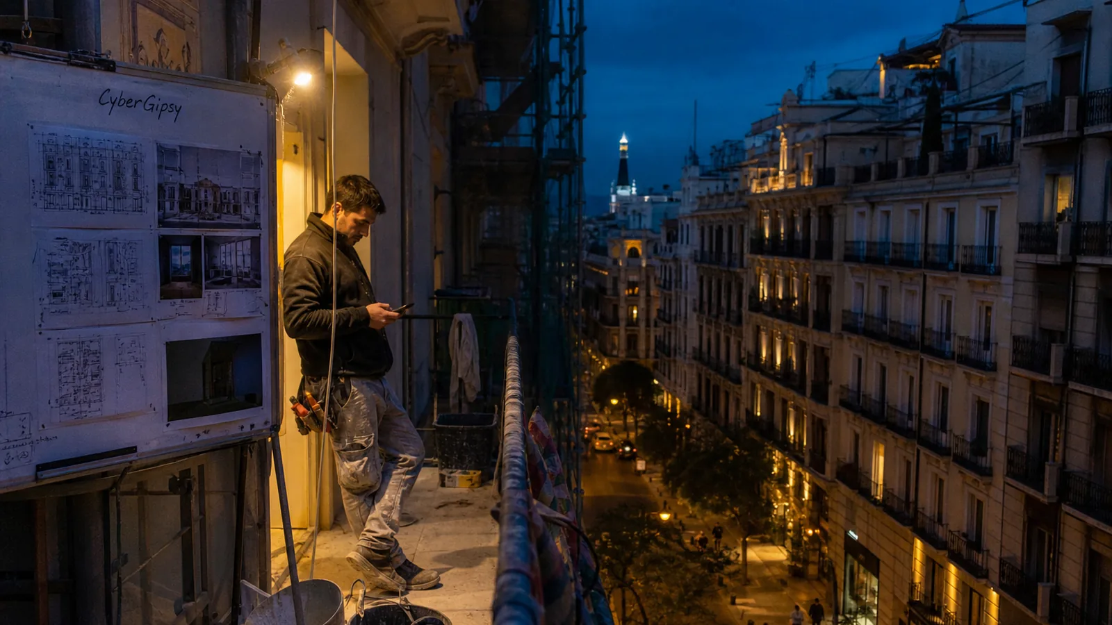 Madrid apartment building under renovation at dusk, warm street lights and balconies, worker checking a phone, deep blue