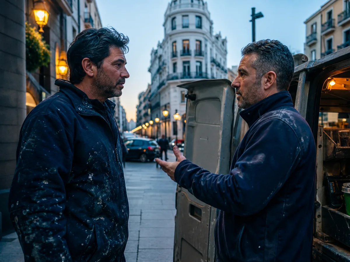 Two Spanish contractors talking on a Madrid street beside a van, afternoon light