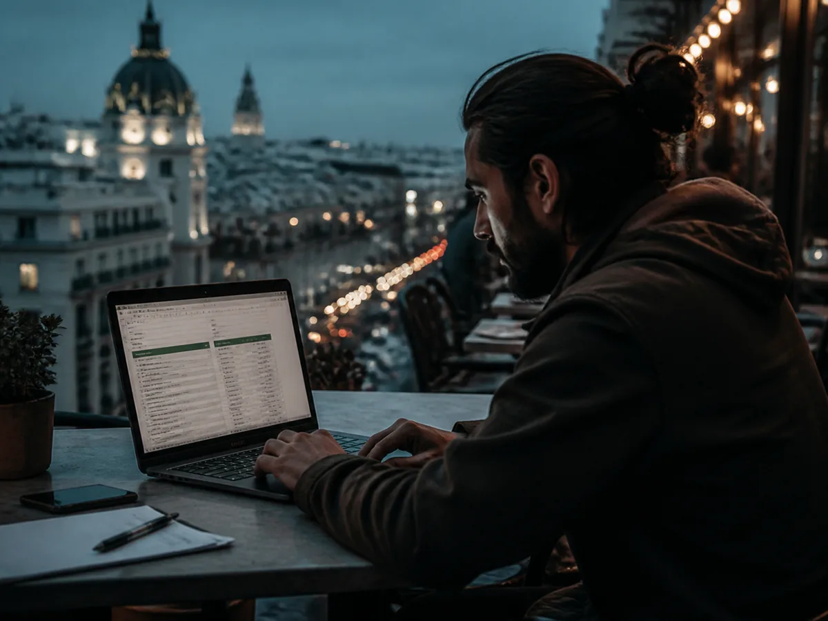Laptop showing a Spanish presupuesto on a site table