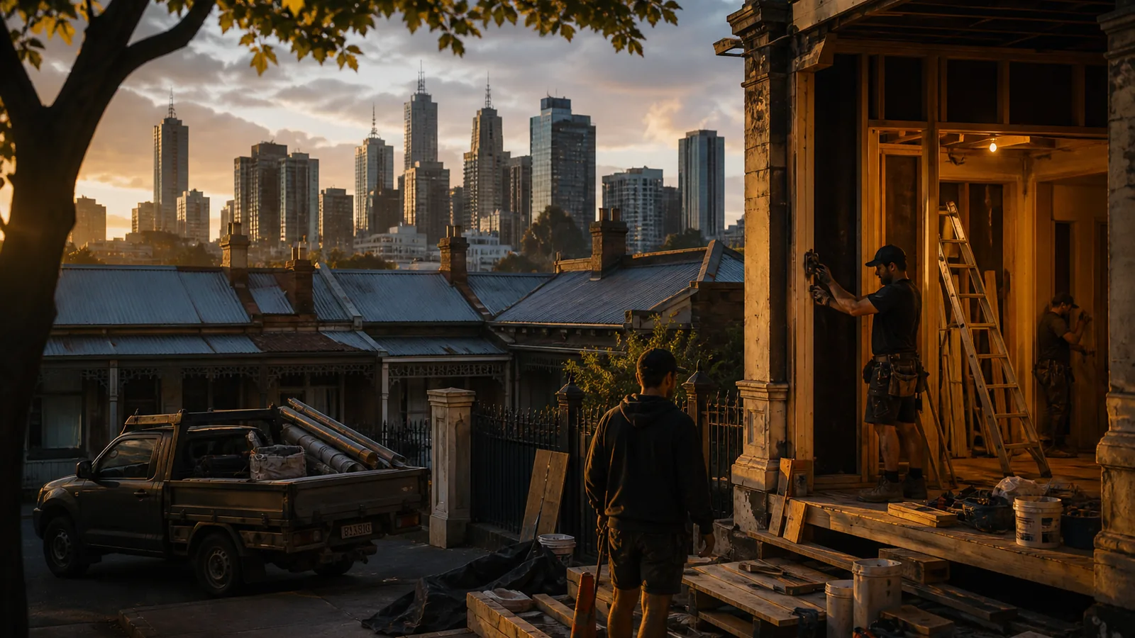 Melbourne inner-suburb renovation at golden hour with a ute and tradespeople, terrace houses and city skyline behind