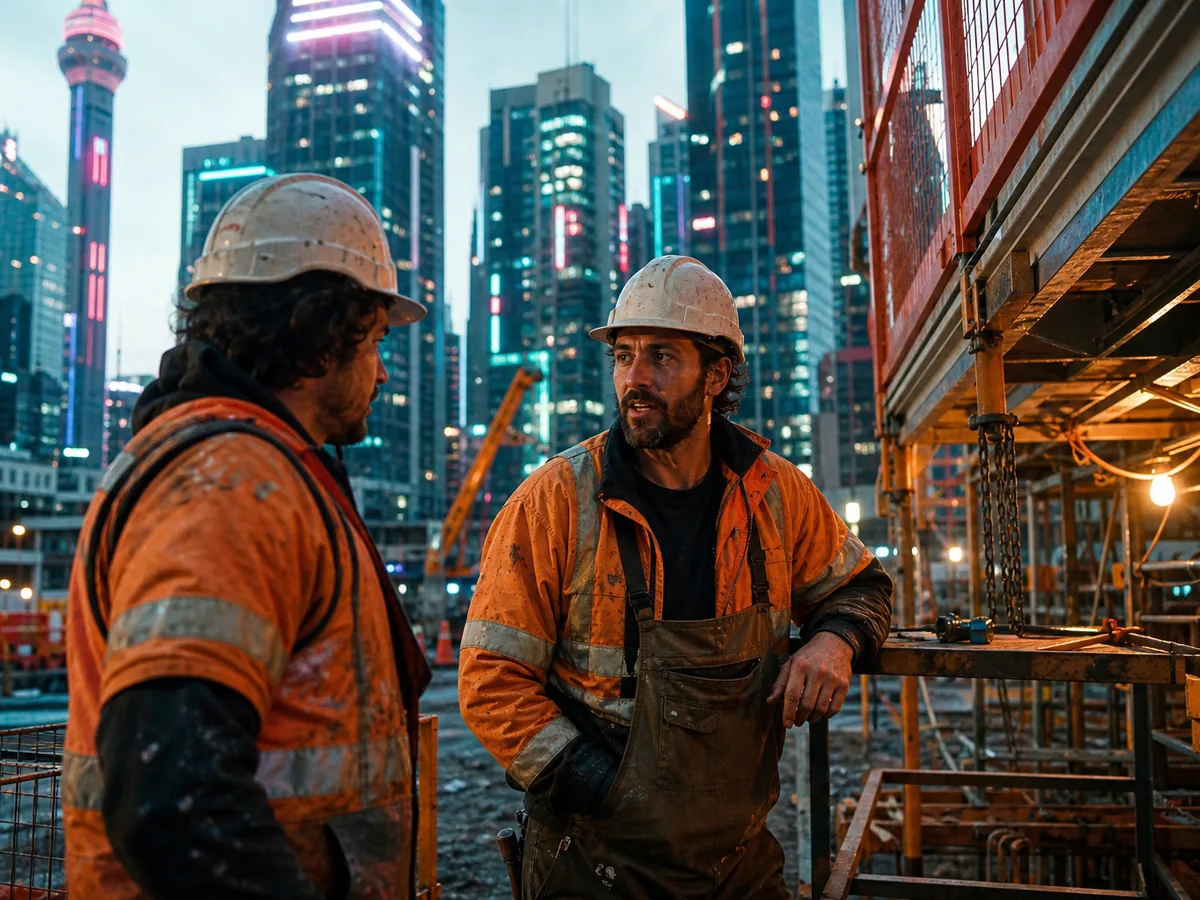 Two Australian tradespeople talking on a job site, bright daylight