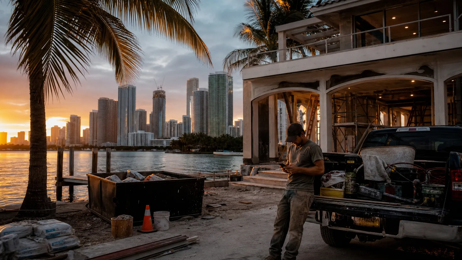 Miami waterfront property under renovation at golden hour with palms and a work truck, worker checking a phone, warm