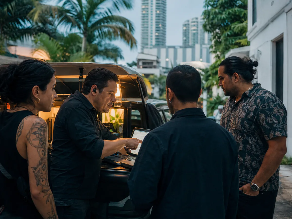Bilingual crew briefing in a Miami driveway, bright morning light