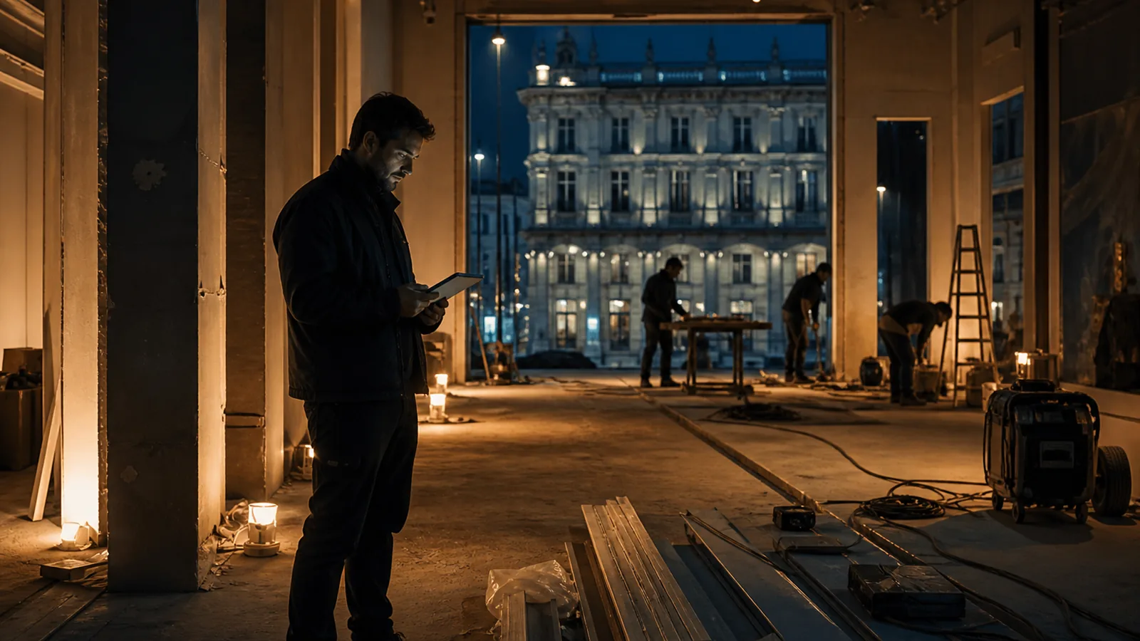 Milan retail interior under fit-out at night, clean lines and work lights, foreman checking a tablet, cool grey and warm