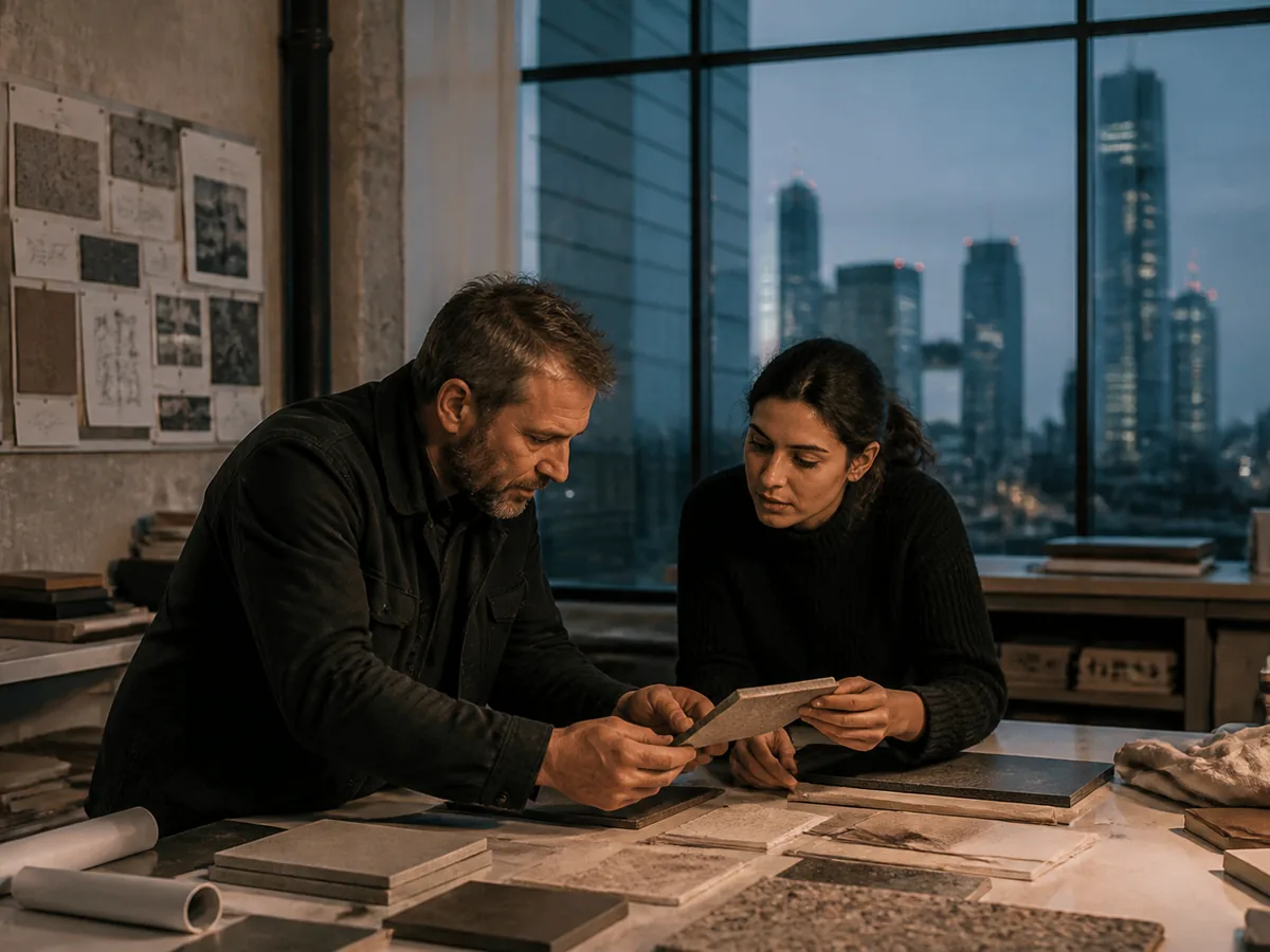Designer and contractor reviewing materials samples together, studio daylight