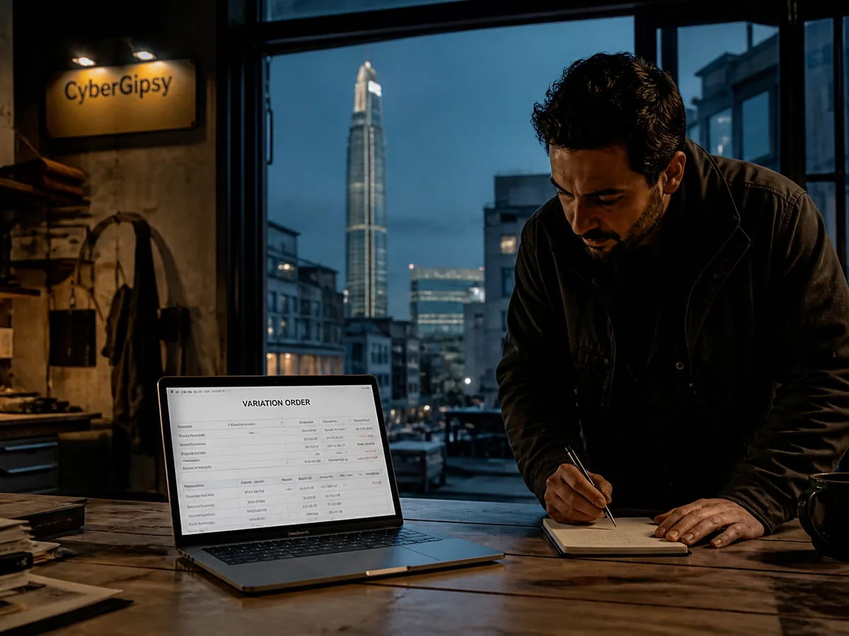 Laptop showing a variation order document on a site table in a modern space