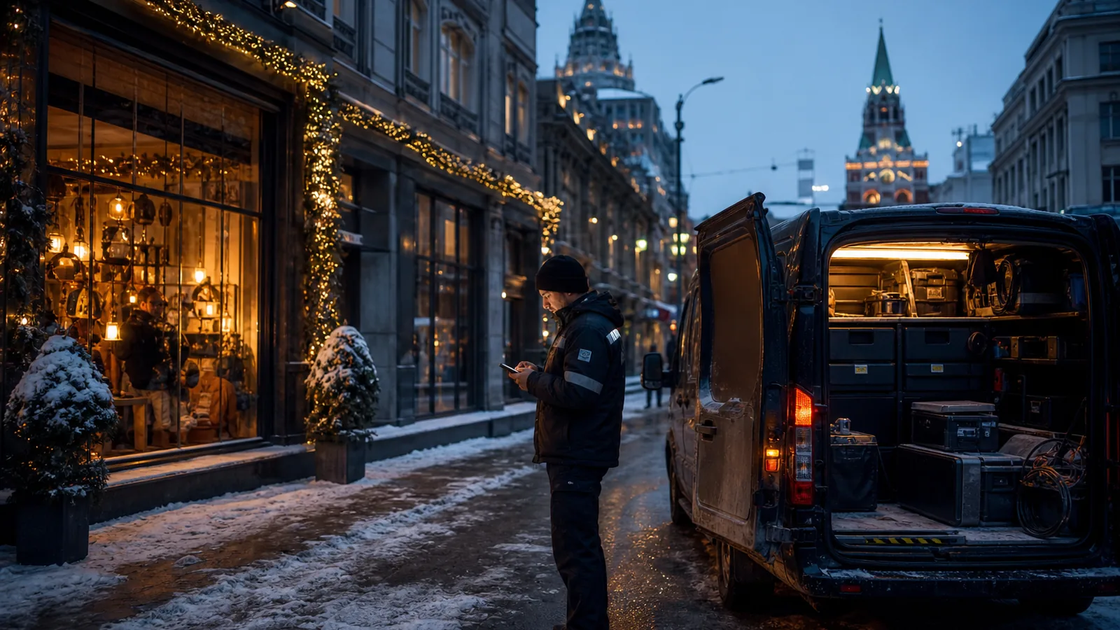 Moscow city street at dusk in winter with a service van and a technician checking a phone, warm shop lights against blue