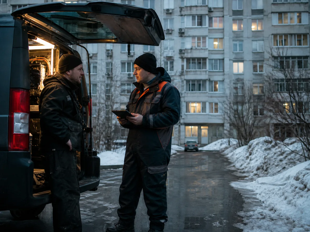 Two technicians talking beside a van in a Moscow courtyard, cold daylight