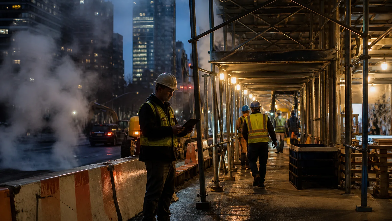 Night view of a Manhattan block with scaffolding and a lit construction site, a foreman checking a tablet on the