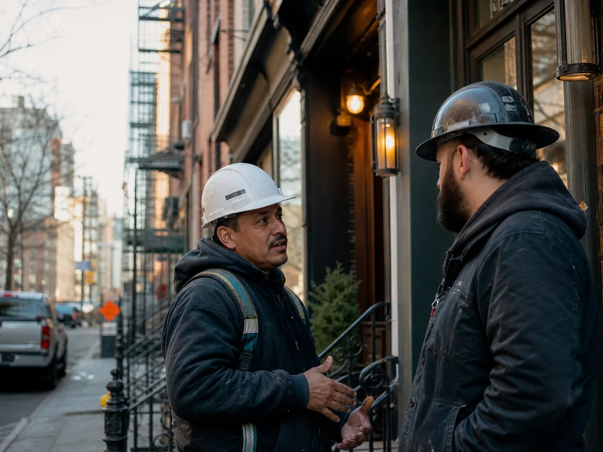 Two contractors in hard hats talking outside a New York walk-up, bilingual conversation feel, morning light