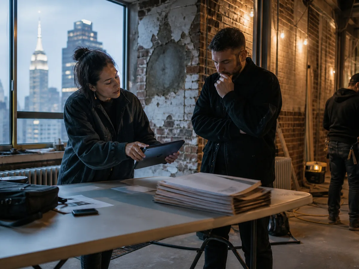 Tablet showing a compliance document pack on a folding table inside a gutted NYC apartment, exposed brick and window light