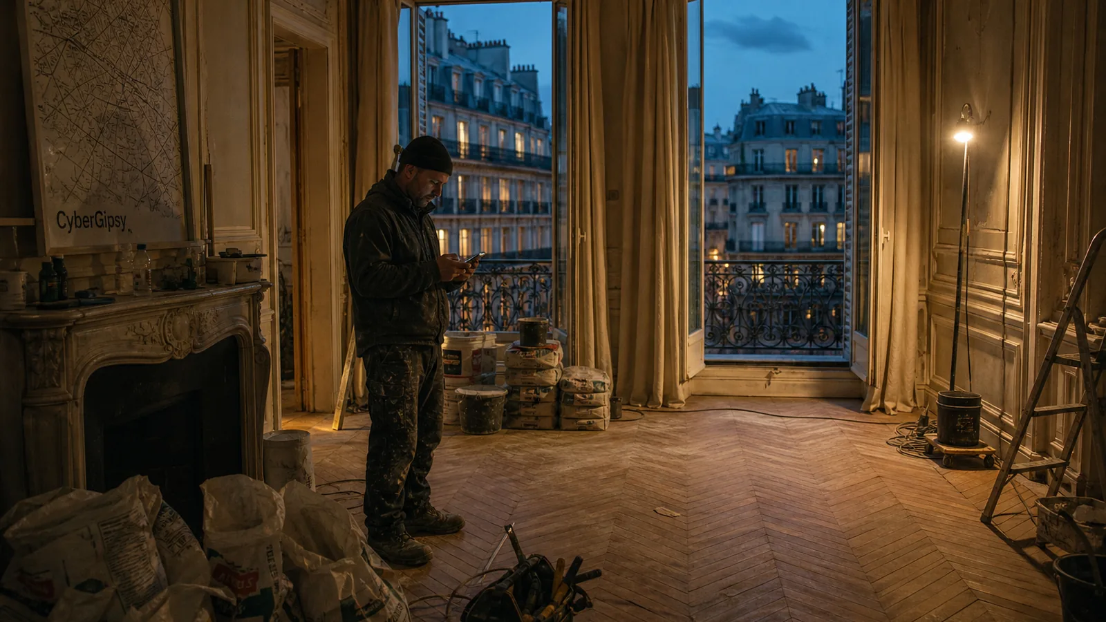 Parisian Haussmann apartment under renovation at dusk, tall windows and parquet, tradesperson checking a phone, warm