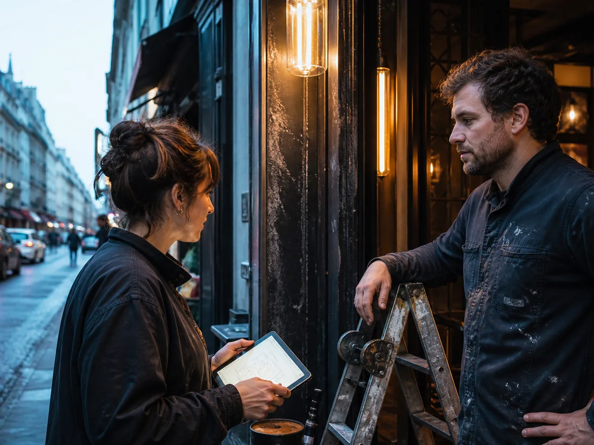 Two artisans discussing work on a Paris street in front of a building entrance, daylight