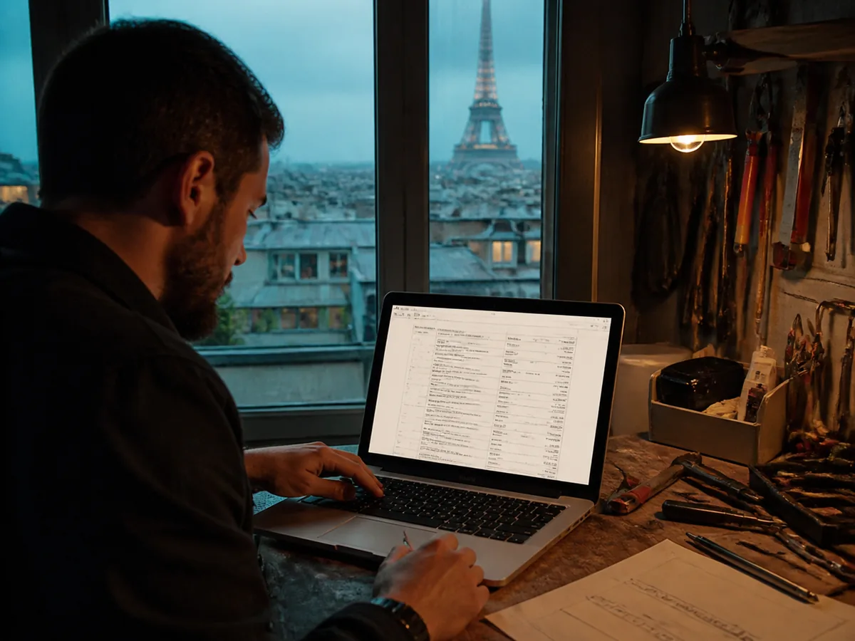 Laptop showing a detailed French devis on a workbench with tools