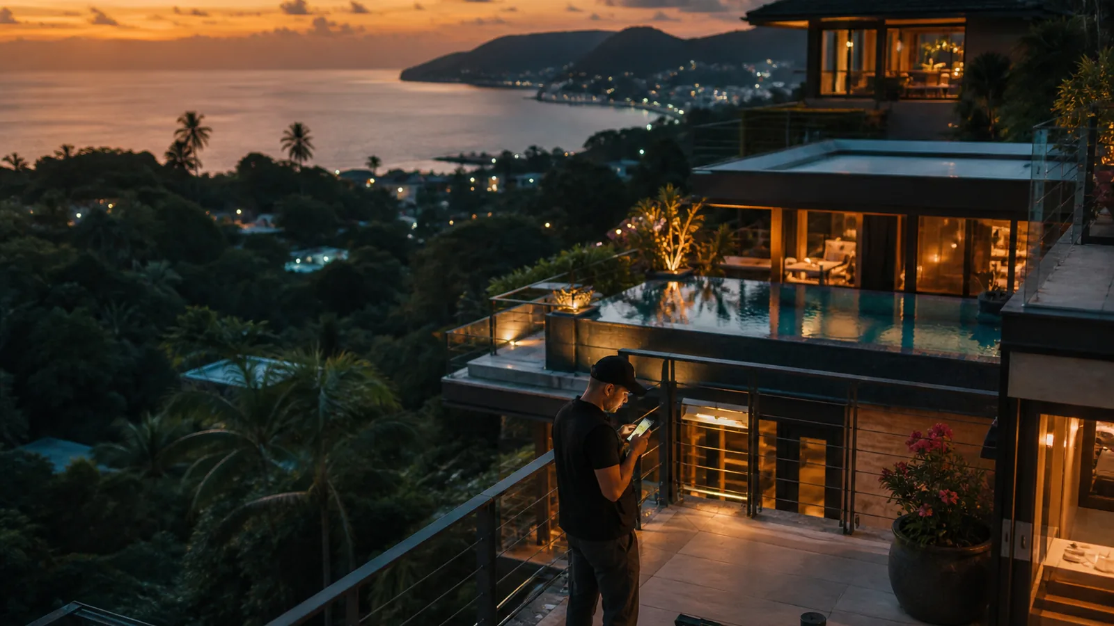 Phuket hillside villa at golden hour overlooking the sea, a worker checking a phone by the pool, warm tropical light