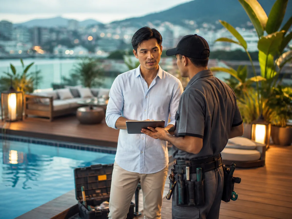 Villa manager and technician discussing work beside a pool, bright daylight