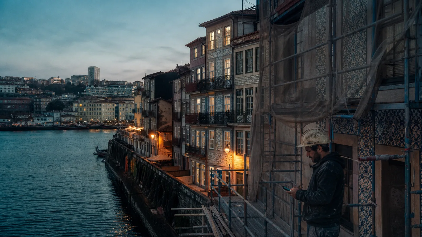 Porto riverside houses at golden hour with one building under renovation, scaffolding and tiled facades, worker checking