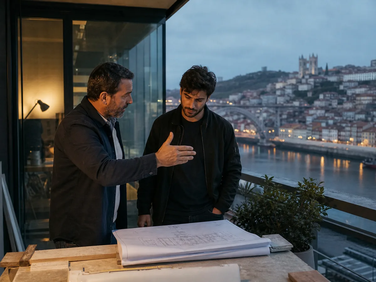 Portuguese contractor explaining work to a client on a balcony overlooking the Douro, daylight