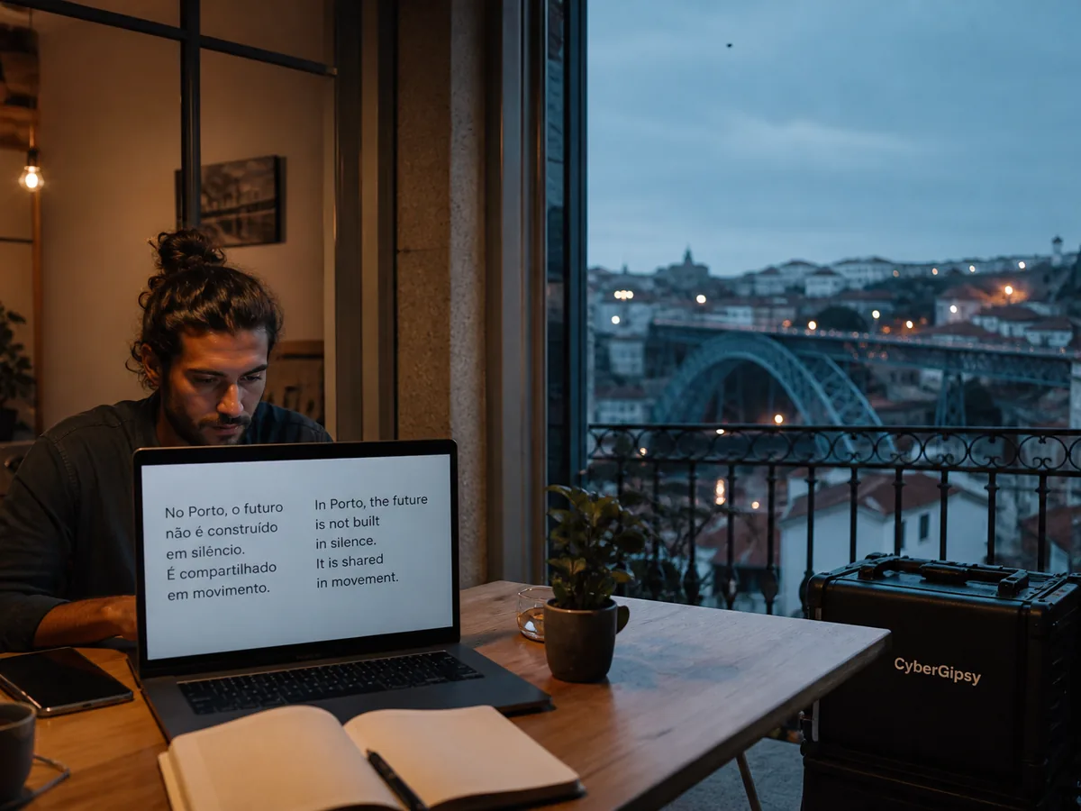 Laptop showing a bilingual quote in a renovated Porto apartment