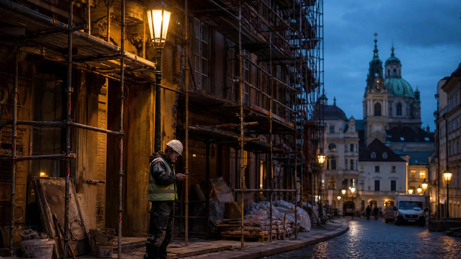 Prague old town building under renovation at dusk, scaffolding and cobbled street, worker checking a phone, warm