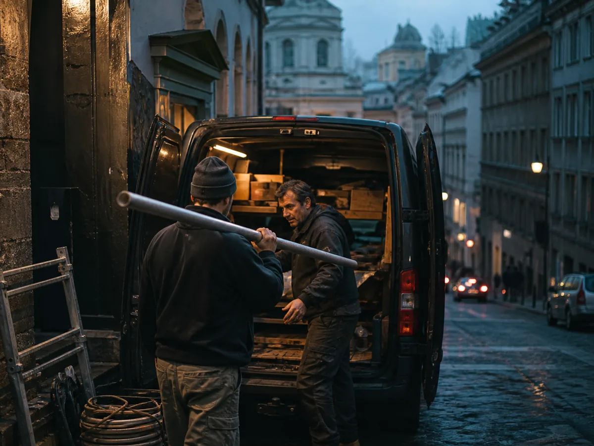 Two Czech tradespeople loading a van on a narrow street, morning light