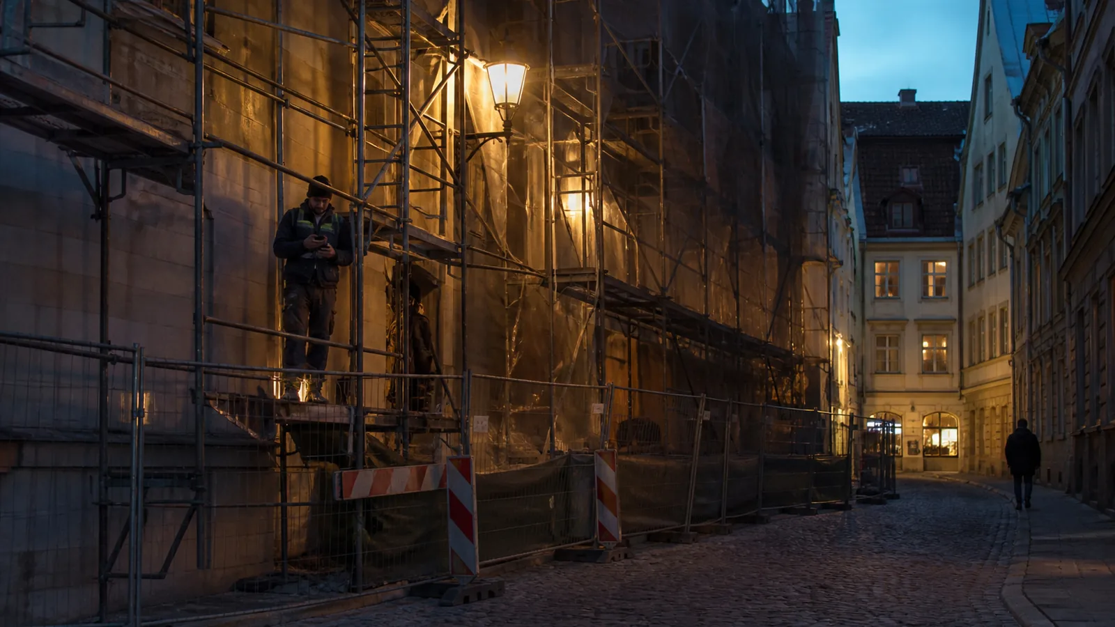 Riga old town street at dusk with a building under renovation, scaffolding and warm street lamps, worker checking a