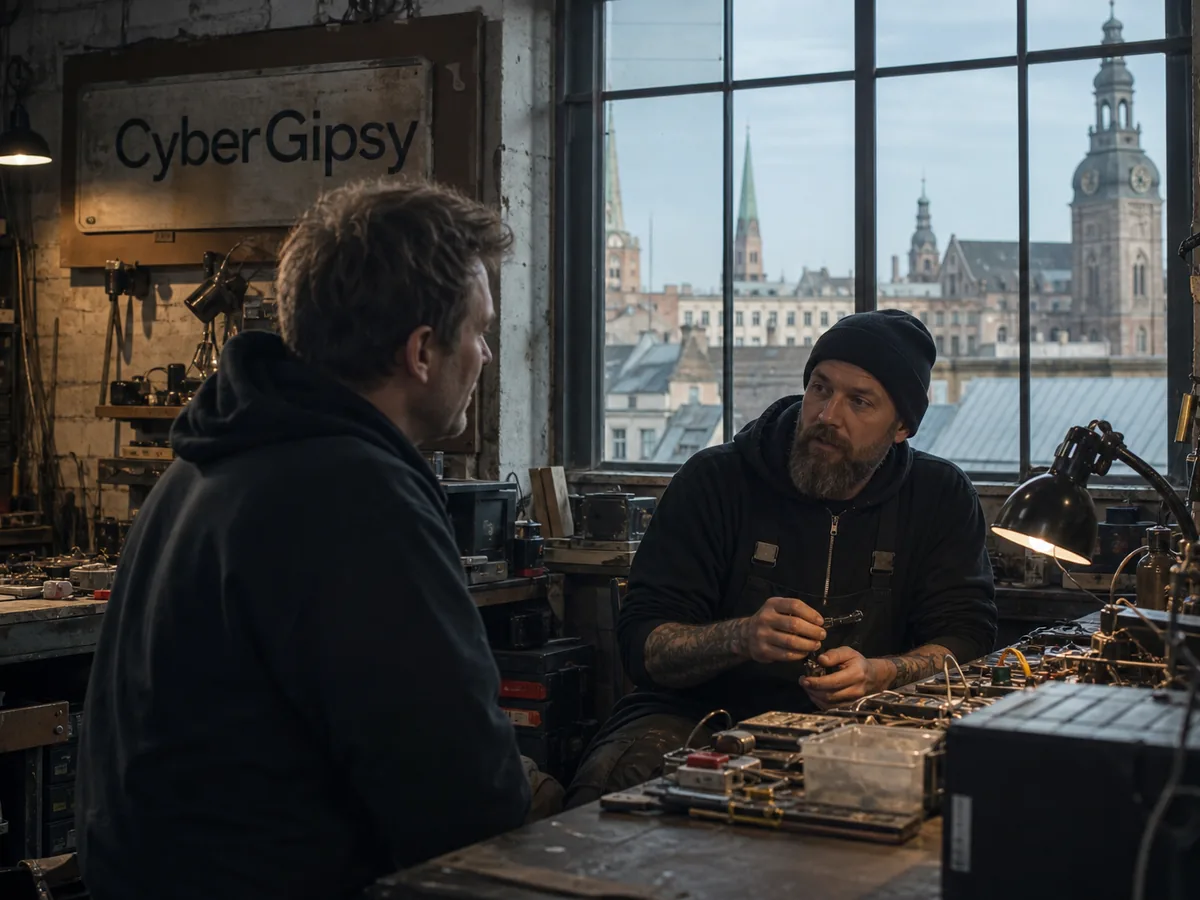 Two workers in a Riga workshop discussing a job, daylight through industrial windows