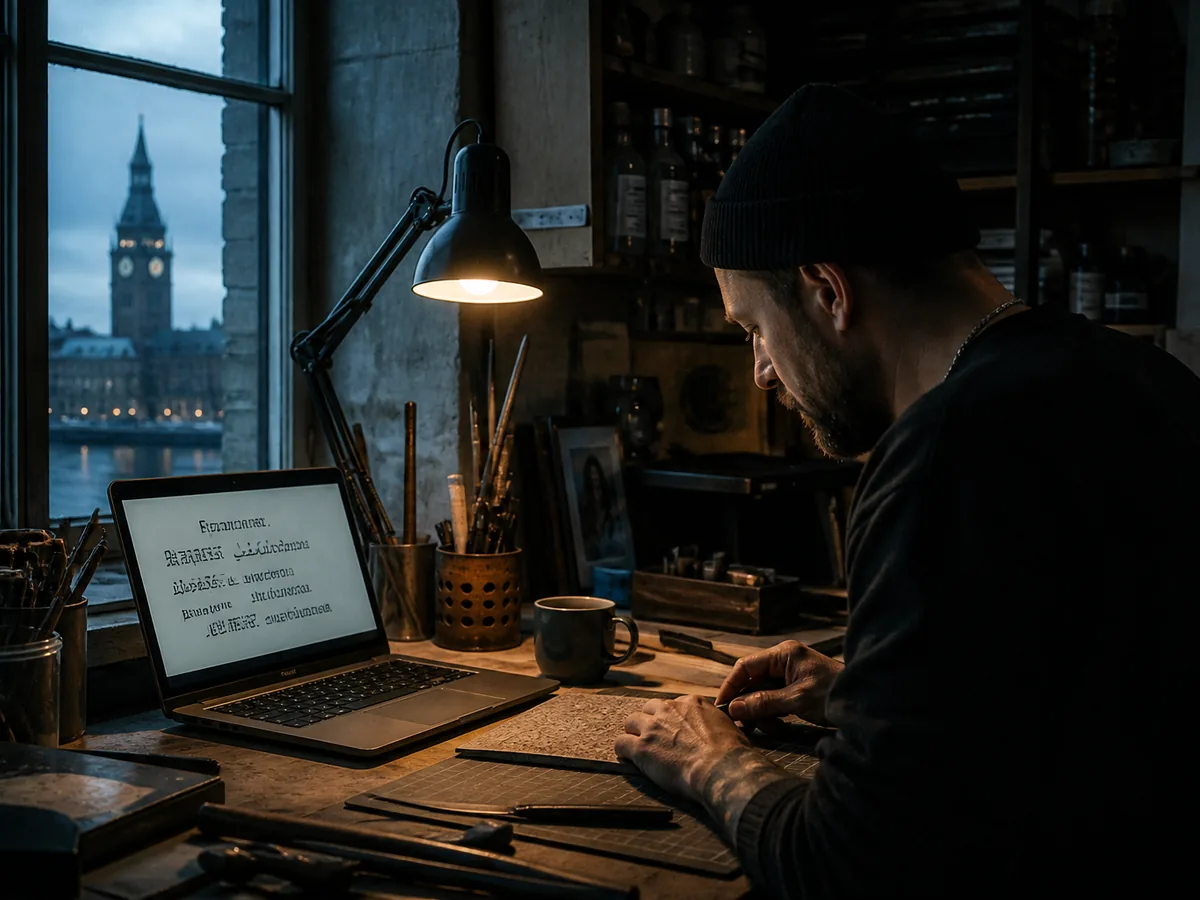 Laptop showing a multilingual quote on a workbench in a workshop