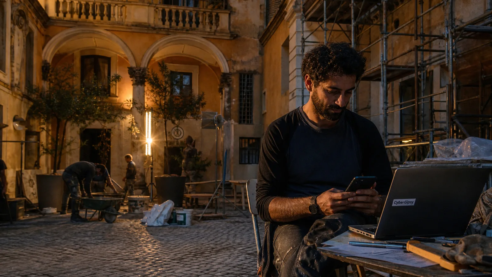 Roman palazzo courtyard under restoration at golden hour, scaffolding against ochre walls, craftsman checking a phone