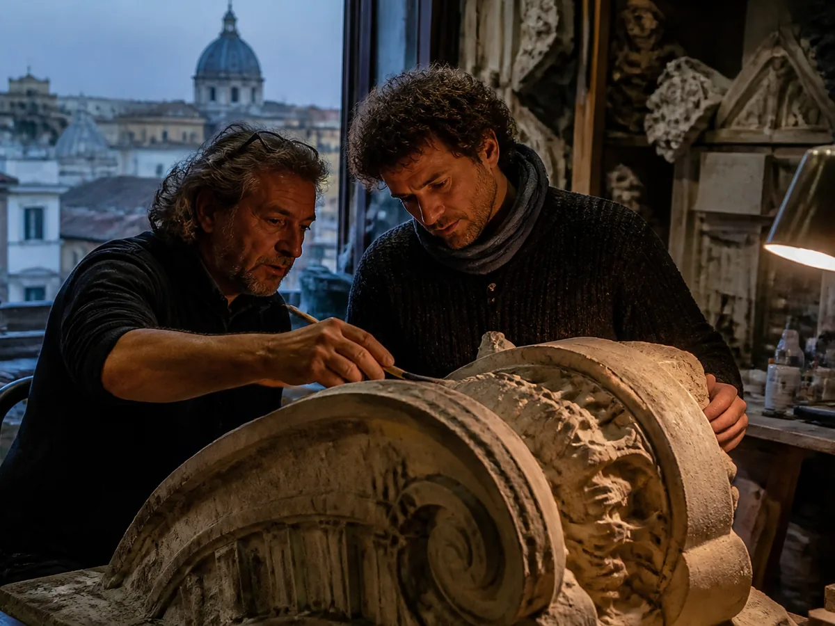 Two Italian craftsmen examining restoration work together, warm interior light