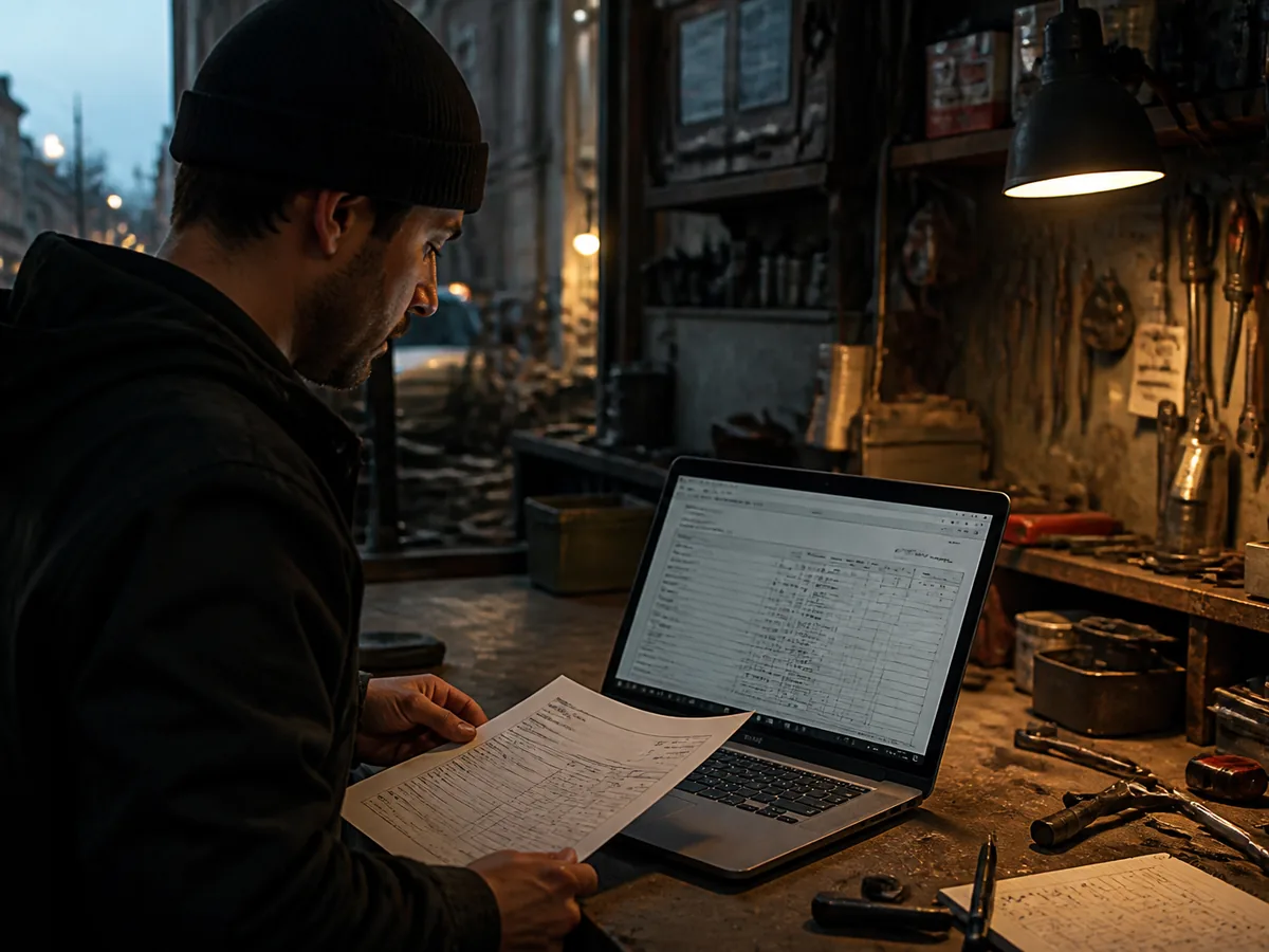 Laptop showing a detailed Italian preventivo on a workshop bench with hand tools