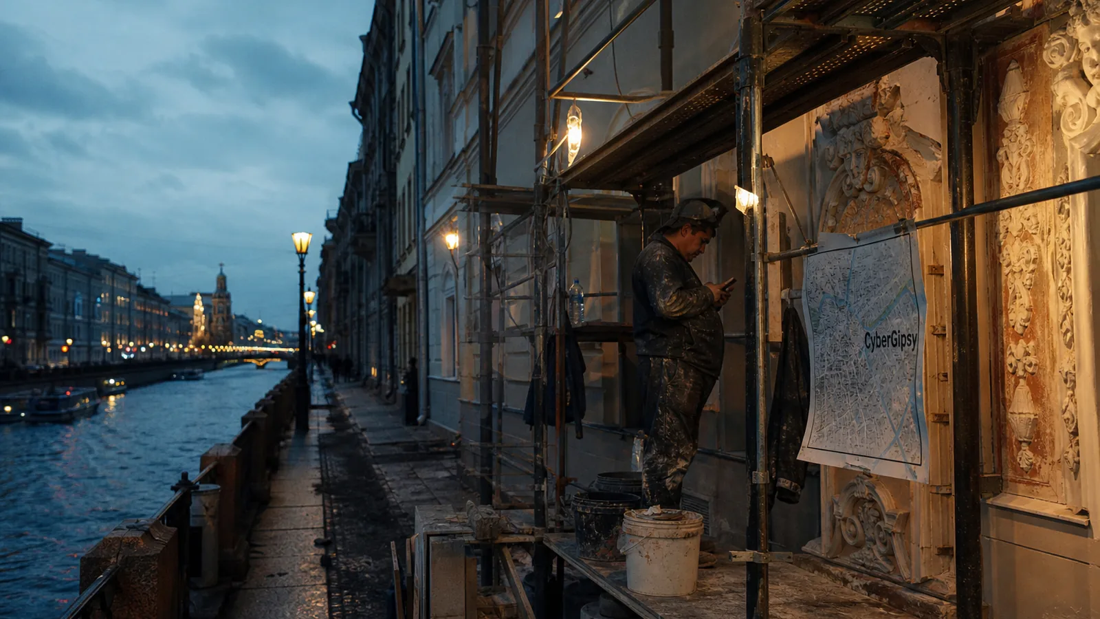 Saint Petersburg canal facade under restoration at blue hour, scaffolding and ornate stucco, worker checking a phone
