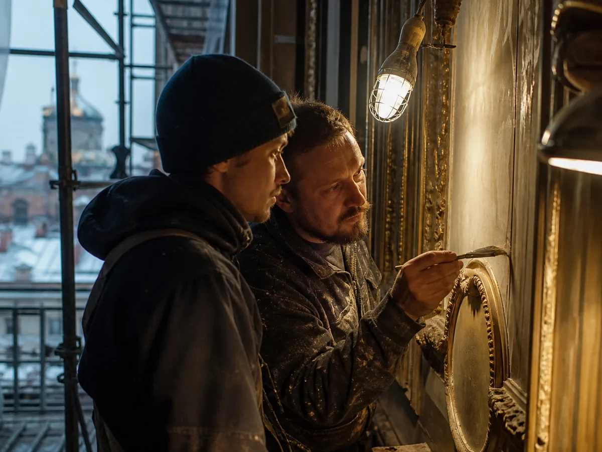 Two craftsmen examining restoration detail, warm interior light