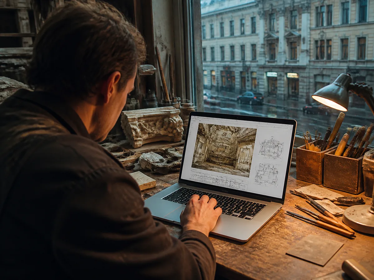 Laptop showing a restoration project quote on a workshop bench