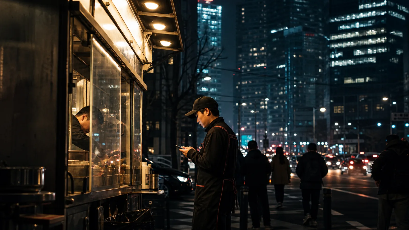 Seoul street at night with neon signage and a service worker checking a phone, warm lights against dark blue, modern