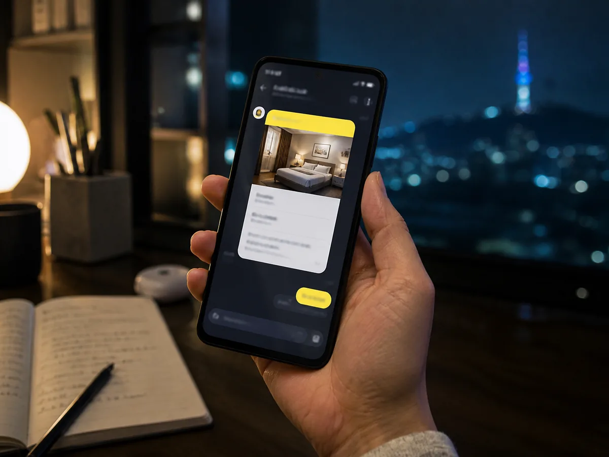 Phone showing a KakaoTalk booking confirmation, desk background