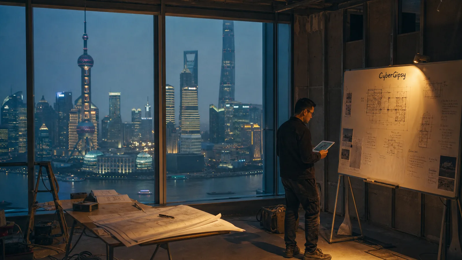 Shanghai Bund skyline at blue hour seen from an office under fit-out, worker with a tablet, warm interior light against