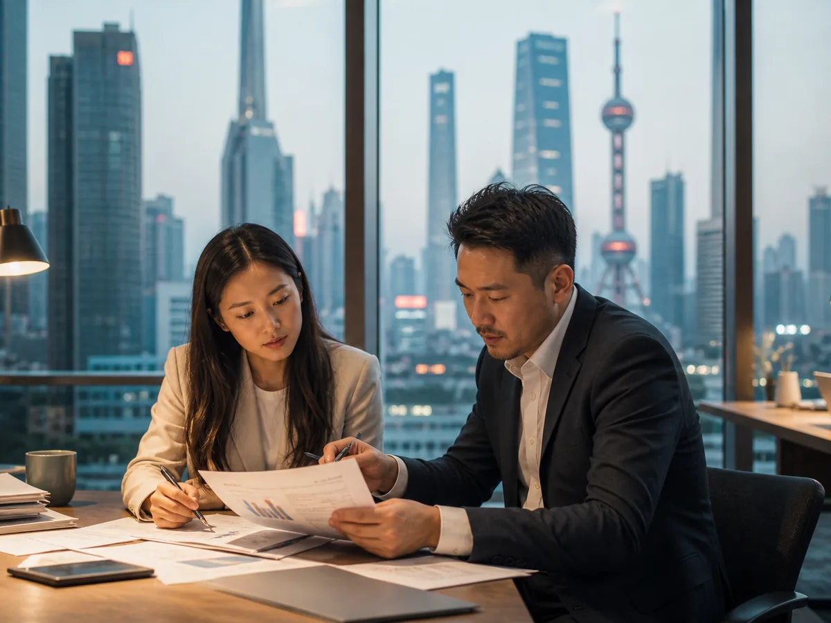Two professionals reviewing a bilingual report in a modern office, daylight