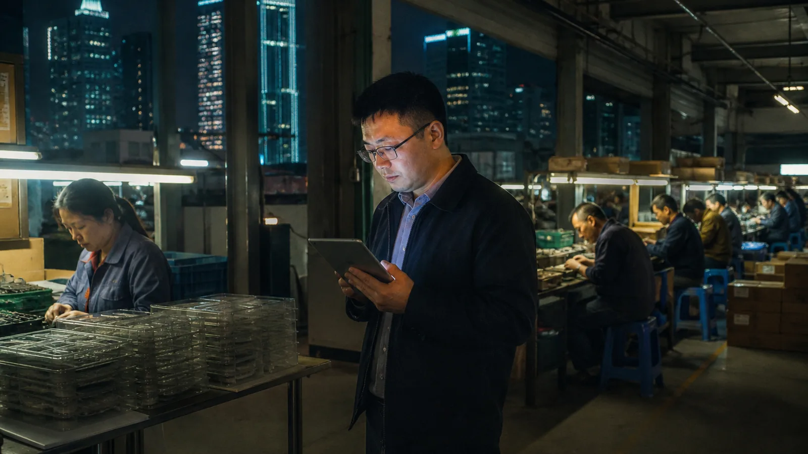 Shenzhen factory floor at night with warm work lights and a manager checking a tablet, city towers visible through high