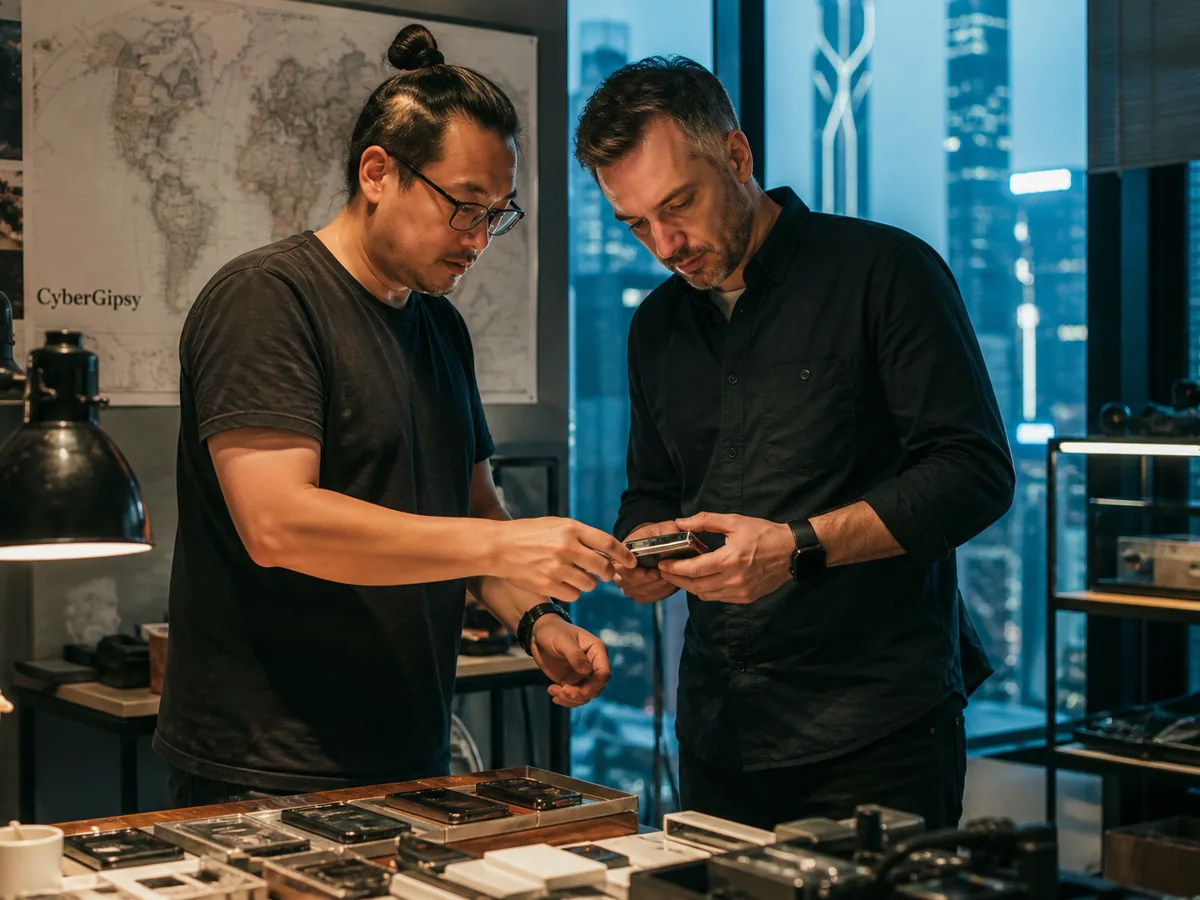 Two managers reviewing product samples on a workshop table, bright light