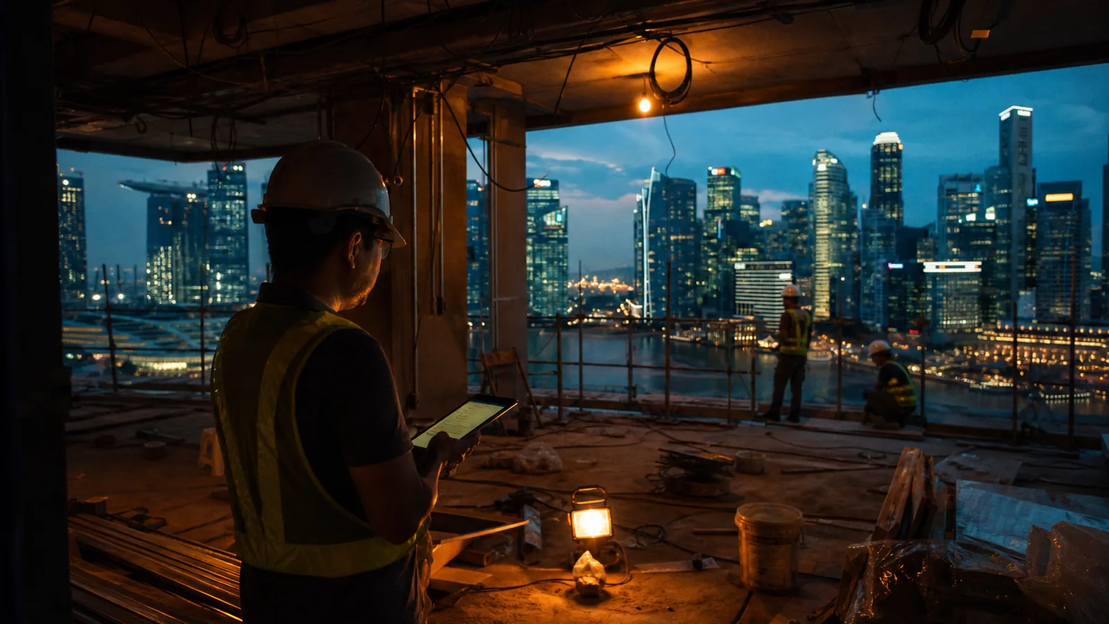 Singapore skyline at dusk seen from a partially completed interior fit-out, worker with a tablet in the foreground, warm